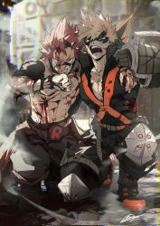 Rule 34 | 2boys, abs, bakugou katsuki, black gloves, black pants, black shirt, blonde hair, blood, blood on clothes, blood on face, blood on hands, boku no hero academia, boots, clenched teeth, corrupted twitter file, domino mask, gloves, highres, injury, knee pads, large pectorals, male focus, mask, midoriya izuku, multiple boys, muscular, muscular male, navel, nipples, no-kan, open mouth, pants, pectorals, red eyes, red hair, shirt, short hair, spiked hair, squatting, teeth, torn clothes, vambraces