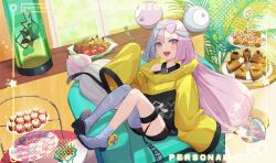 Rule 34 | 1girl, :d, blue hair, cake, cookie, creatures (company), food, game freak, grey thighhighs, hair ornament, high heels, highres, hsin, iono (pokemon), long hair, looking at viewer, macaron, nintendo, open mouth, pokemon, pokemon sv, purple hair, red eyes, sharp teeth, sitting, sleeves past wrists, smile, solo, teeth, thighhighs, very long hair