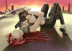 Rule 34 | artist request, breasts, character request, cleavage, green eyes, gun, red hair, source request, tagme, weapon