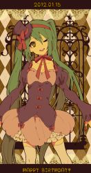 Rule 34 | 10s, 1girl, 2012, bad id, bad pixiv id, dated, dress, green eyes, green hair, hairband, hat, hatsune miku, head tilt, long hair, matching hair/eyes, mini hat, mini top hat, ninahachi, one eye closed, smile, solo, thighhighs, top hat, twintails, very long hair, vocaloid, wink