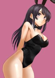Rule 34 | 1girl, absurdres, animal ears, black bow, black bowtie, black eyes, black hair, black leotard, bow, bowtie, breasts, cleavage, commentary request, commission, commissioner upload, cowboy shot, detached collar, fake animal ears, gradient background, highres, izawa (bhive003), leotard, long hair, medium breasts, pink background, playboy bunny, rabbit ears, sakurajima mai, seishun buta yarou, simple background, smile, solo, standing, strapless, strapless leotard
