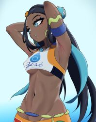 Rule 34 | 1girl, ahmik, armband, armlet, armpits, arms behind head, arms up, bike shorts, black hair, blue background, blue eyeliner, blue eyes, blue hair, blush, breasts, clothes writing, collarbone, covered erect nipples, creatures (company), dark-skinned female, dark skin, earrings, eyeliner, female focus, forehead, game freak, groin, hair ornament, hairclip, half updo, highres, hoop earrings, jewelry, light blush, long hair, looking to the side, makeup, matching hair/eyes, medium breasts, multicolored hair, navel, necklace, nessa (pokemon), nintendo, parted lips, pokemon, pokemon swsh, sidelocks, simple background, solo, sports bra, standing, stomach, streaked hair, teeth, two-tone hair, underboob, upper body