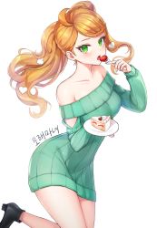 Rule 34 | 1girl, bad id, bad pixiv id, bindong, black footwear, blush, breasts, cake, cake slice, collarbone, commentary, commission, creatures (company), dress, eating, eyelashes, floating hair, food, fork, fruit, game freak, green dress, green eyes, hair ornament, heart, heart hair ornament, high heels, highres, holding, holding fork, holding plate, leg up, nail polish, nintendo, off-shoulder dress, off shoulder, open mouth, orange hair, plate, pokemon, pokemon swsh, ribbed dress, solo, sonia (pokemon), strawberry, swept bangs, symbol-only commentary, tongue, white background