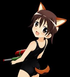 Rule 34 | 00s, 1girl, animal ears, black background, black one-piece swimsuit, clothing cutout, dog ears, dog tail, happy, highres, miyafuji yoshika, one-piece swimsuit, school swimsuit, short hair, simple background, solo, strike witches, swimsuit, tail, tail through clothes, vector trace, world witches series