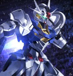 Rule 34 | absurdres, beam rifle, commentary, energy gun, english commentary, glowing, glowing eyes, green eyes, gundam, gundam aerial, gundam suisei no majo, highres, mecha, mobile suit, no humans, reiei 8, robot, signature, sky, solo, space, star (sky), starry sky, thrusters, upper body, v-fin, weapon