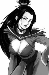 1girl artist_name avatar:_the_last_airbender avatar_legends azula bent_over breasts cleavage commentary cowboy_shot english_commentary grin hair_bun hand_on_own_hip large_breasts long_hair long_sleeves looking_at_viewer miss_faves monochrome single_hair_bun smile solo topknot