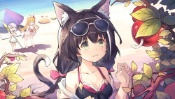 Rule 34 | &gt; &lt;, 3girls, animal ear fluff, animal ears, antenna hair, apple, beach, beach umbrella, bikini, black bikini, black hair, branch, breasts, brown hair, cat ears, cat girl, cat tail, cleavage, closed eyes, closed mouth, commentary request, day, eyewear on head, fang, fang out, flower, food, fruit, green eyes, grey-framed eyewear, hair between eyes, hair flower, hair ornament, has bad revision, has downscaled revision, holding, holding polearm, holding spear, holding weapon, karyl (princess connect!), karyl (summer) (princess connect!), kokkoro (princess connect!), kokkoro (summer) (princess connect!), large breasts, leilin, long hair, long sleeves, low twintails, md5 mismatch, medium breasts, multicolored hair, multiple girls, off shoulder, one-piece swimsuit, open mouth, outdoors, pecorine (princess connect!), pecorine (summer) (princess connect!), pink flower, polearm, princess connect!, resolution mismatch, sand, see-through, source smaller, spear, streaked hair, sunglasses, swimsuit, tail, twintails, umbrella, very long hair, weapon, white bikini, white flower, white hair, white one-piece swimsuit, worm