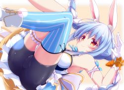 Rule 34 | 1girl, animal ear fluff, animal ears, armpits, ass, bare shoulders, bike shorts, blue hair, blue thighhighs, blush, braid, bridal garter, carrot hair ornament, closed mouth, commentary request, food-themed hair ornament, from below, gloves, hair ornament, highres, hololive, long hair, nanaume (shichimi tougarashi), official alternate costume, rabbit ears, sidelocks, single thighhigh, skirt, smile, solo, striped clothes, striped thighhighs, symbol-shaped pupils, thick eyebrows, thighhighs, twintails, usada pekora, virtual youtuber, white gloves, yellow eyes