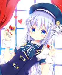 Rule 34 | 1girl, :o, beret, bitter crown, blue bow, blue bowtie, blue eyes, blue hair, blue hat, blue skirt, blue vest, bow, bowtie, breasts, cake, collared shirt, commentary request, cookie, curtains, day, food, fruit, gochuumon wa usagi desu ka?, hair ornament, hat, heart, holding, holding food, indoors, kafuu chino, light blue hair, long hair, looking at viewer, microsoft windows, parted lips, shirt, sidelocks, skirt, small breasts, solo, strawberry, striped bow, striped bowtie, striped clothes, striped neckwear, sunlight, upper body, vest, white shirt, wing collar, wrist cuffs, x hair ornament