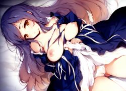 Rule 34 | 1girl, :o, absurdres, bare shoulders, bed sheet, blue dress, breasts, breasts out, brown eyes, brown hair, cameltoe, clothes lift, dress, dress lift, from above, gluteal fold, gradient hair, highres, hijiri byakuren, huge filesize, ke-ta, layered dress, lifted by self, light smile, long hair, long sleeves, looking at viewer, lying, medium breasts, multicolored hair, navel, nipples, on back, parted bangs, parted lips, purple hair, scan, solo, straight hair, thighs, third-party edit, torn clothes, torn dress, touhou, very long hair, wide sleeves