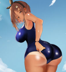 Rule 34 | 1girl, ass, atelier (series), atelier ryza, atelier ryza 1, bare shoulders, blue one-piece swimsuit, blush, breasts, brown eyes, brown hair, cameltoe, from behind, hair ornament, hair ribbon, hairband, hairclip, highres, huge ass, large breasts, leaning, leaning forward, looking at viewer, looking back, one-piece swimsuit, parted bangs, reisalin stout, ribbon, shiny clothes, shiny skin, short hair, sideboob, solo, sunburn, swimsuit, tan, tanline, thighhighs, thighs, usanopo