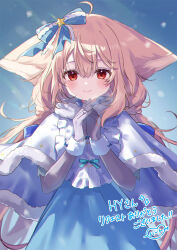 Rule 34 | ahoge, animal ear fluff, animal ears, artist request, back bow, bell, bib, blue bow, blue dress, bow, bowtie, capelet, collar, commission, dress, fox ears, fox girl, fox tail, frilled collar, frilled dress, frills, fur-trimmed capelet, fur-trimmed dress, fur-trimmed gloves, fur trim, gloves, hair between eyes, hair bow, hair ornament, hair scrunchie, hands up, high collar, highres, interlocked fingers, large bow, large ears, large tail, layered dress, long hair, long sleeves, original, own hands together, print dress, puffy sleeves, red eyes, sakurada shiro (hy plus), sakurada shiro (winter) (hy plus), scrunchie, skeb commission, smile, snow, star ornament, straight-on, striped clothes, striped dress, tail, thank you, upper body, vertical-striped sleeves, very long hair, white capelet, white footwear, white gloves, white hair, white sleeves, winter clothes