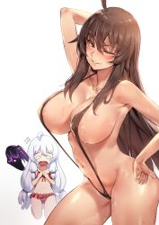 Rule 34 | 2girls, ;), ahoge, arm up, blush, breast envy, breasts, brown hair, contrapposto, covered erect nipples, cowboy shot, flying sweatdrops, gradient background, grin, hair between eyes, hand on own hip, hands on own chest, highres, iris yuma, large breasts, long hair, looking at viewer, multiple girls, o o, one eye closed, parted lips, rainmaker, red eyes, shiny skin, simple background, slingshot swimsuit, smile, soulworker, standing, swimsuit, thighs, wet, wet hair, white hair
