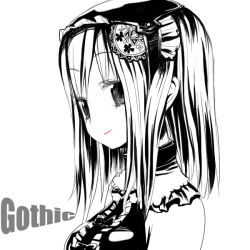 Rule 34 | 1girl, bare shoulders, center frills, collar, english text, fantasy earth zero, frills, goth fashion, greyscale, hair ornament, hairpin, looking at viewer, monochrome, short hair, simple background, solo, tank (artist), text focus, upper body, white background