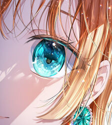 Rule 34 | 1girl, blonde hair, blue eyes, chromatic aberration, close-up, closed mouth, commentary, earrings, eye focus, highres, jewelry, light particles, looking at viewer, mahiru yura, original, eye reflection, shadow, sidelocks, solo, sparkle, symbol-only commentary