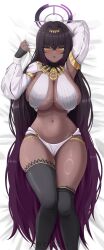 Rule 34 | 1girl, absurdres, black hair, black thighhighs, blue archive, breasts, dakimakura (medium), dark-skinned female, dark skin, egyptian clothes, halo, highres, jewelry, karin (blue archive), large breasts, long hair, long sleeves, lying, multicolored hair, navel, on back, open mouth, purple halo, solo, thighhighs, thighs, tyrzul, very long hair, yellow eyes