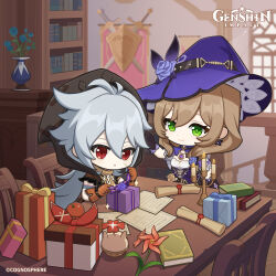 Rule 34 | 1boy, 1girl, absurdres, apple, black gloves, book, bookshelf, box, candle, chair, chibi, closed mouth, commentary, copyright name, day, dot nose, earrings, english commentary, facial scar, flower, food, fruit, genshin impact, gift, gift box, gloves, green eyes, grey hair, hair between eyes, hat, hat flower, highres, hood, hood up, indoors, jewelry, jumpy dumpty, light brown hair, light smile, lisa (genshin impact), long hair, looking at another, official art, parted lips, plant, potted plant, purple flower, purple headwear, purple rose, razor (genshin impact), red eyes, red flower, rose, scar, scar on cheek, scar on face, scroll, shield, sparkle, sword, turtleneck, very long hair, vision (genshin impact), weapon, window, witch hat