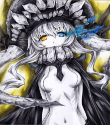 Rule 34 | 10s, 1girl, abyssal ship, bad id, bad pixiv id, black rock shooter, blue eyes, bodysuit, cape, colored pencil (medium), covered navel, covering own mouth, glowing, glowing eye, headgear, heterochromia, iroha (nullpo), kantai collection, looking at viewer, shikishi, short hair, short hair with long locks, silver hair, solo, traditional media, wo-class aircraft carrier, yellow eyes