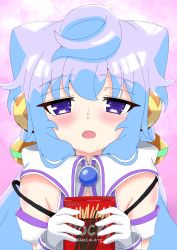Rule 34 | 1boy, absurdres, artist request, blue hair, blush, food, gloves, hacka doll, hacka doll 3, highres, long hair, looking at viewer, male focus, open mouth, pocky, purple eyes, solo, trap