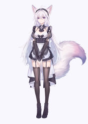 Rule 34 | 1girl, absurdres, ahoge, animal ears, apron, bell, buckle, commentary request, elbow gloves, fox ears, fox girl, fox tail, garter straps, gloves, grey background, highres, kirby d a, long hair, looking at viewer, maid, maid apron, maid headdress, neck bell, original, purple eyes, simple background, solo, tail, thighhighs, very long hair, white hair