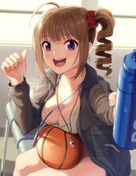 Rule 34 | 1girl, :d, ahoge, ball, basketball, basketball (object), bench, black jacket, blue shorts, bottle, breast rest, breasts, brown hair, cleavage, collarbone, commentary, dolphin shorts, drill hair, hair ornament, hair scrunchie, holding, holding bottle, idolmaster, idolmaster million live!, idolmaster million live! theater days, indoors, jacket, kamille (vcx68), lanyard, long sleeves, looking at viewer, medium breasts, on bench, open clothes, open jacket, open mouth, outstretched arm, purple eyes, red scrunchie, scrunchie, shirt, short shorts, shorts, side drill, side ponytail, sidelocks, sitting, smile, solo, sunlight, track jacket, water bottle, whistle, whistle around neck, white shirt, window, yokoyama nao