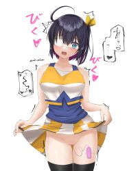 Rule 34 | 1girl, :o, absurdres, ahoge, bare shoulders, black thighhighs, blue shirt, blush, breasts, cheerleader, chuunibyou demo koi ga shitai!, clothes lift, collarbone, commentary request, cowboy shot, eyepatch, hair ribbon, heart, highres, large breasts, lifted by self, object insertion, open mouth, pussy, ribbon, shirt, simple background, skirt, skirt lift, solo, speech bubble, takanashi rikka, thighhighs, trembling, vaginal, vaginal object insertion, white background, white shirt, white skirt, yellow ribbon, yellow shirt, yellow skirt, yuki artman
