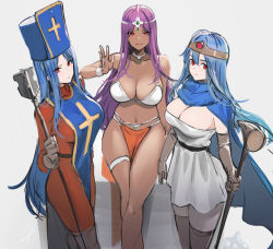 Rule 34 | 3girls, :d, bikini, blue cape, blue hair, blue headwear, bodysuit, breasts, brown legwear, cape, circlet, cleavage, closed mouth, collar, cross, dark-skinned female, dark skin, dragon quest, dragon quest iii, dragon quest iv, dress, elbow gloves, gloves, grey gloves, hand up, hat, hayabusa, highres, holding, holding staff, large breasts, latin cross, long hair, looking at viewer, manya (dq4), multiple girls, navel, open mouth, orange bodysuit, pelvic curtain, priest (dq3), purple hair, red eyes, sage (dq3), sash, simple background, slime (creature), slime (dragon quest), smile, staff, strapless, strapless dress, swimsuit, tabard, thighhighs, white background, white bikini, white dress, wristband
