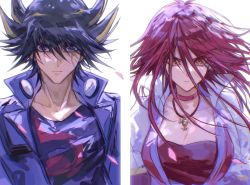 Rule 34 | 1boy, 1girl, black hair, blonde hair, blue eyes, blue jacket, blue shirt, breasts, brown eyes, choker, cleavage, closed mouth, collarbone, facial mark, floating hair, frown, fudo yusei, gem, green gemstone, hair between eyes, highres, izayoi aki, jacket, jewelry, long hair, looking at viewer, medium breasts, multicolored hair, naoki (2rzmcaizerails6), open clothes, open jacket, pendant, petals, print shirt, red choker, red hair, shirt, sketch, spiked hair, split screen, two-tone hair, white background, yu-gi-oh!, yu-gi-oh! 5d&#039;s