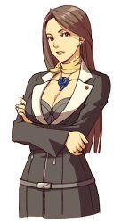Rule 34 | 1girl, mia fey, badge, bra, breasts, brown hair, capcom, cleavage, crossed arms, earrings, ace attorney, jewelry, kobashi, large breasts, lingerie, lowres, magatama, mole, mole under mouth, necklace, scarf, solo, underwear