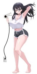 Rule 34 | 1girl, ;o, absurdres, arm behind head, arm up, armpit lips, armpits, bare legs, bare shoulders, barefoot, black-framed eyewear, black choker, black hair, black shorts, blue eyes, breasts, choker, cleavage, commission, crop top, crop top overhang, cropped shirt, curvy, dolphin shorts, drawstring, electrical outlet, eomo (pyum3252), floating hair, full body, glasses, hair dryer, hand in own hair, heart, heart choker, highres, holding, large breasts, long hair, looking at viewer, midriff, mole, mole under mouth, navel, one eye closed, open mouth, original, shirt, short shorts, short sleeves, shorts, simple background, solo, standing, thighs, white background, white shirt