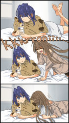 Rule 34 | animal-shaped pillow, bird, blue eyes, blue hair, brown hair, cellphone, comic, hair down, hair intakes, highres, hololive, hololive english, juno ox, long hair, lying, lying on person, multicolored hair, multiple girls, nanashi mumei, on bed, on stomach, ouro kronii, owl, phone, shirt, short hair, smartphone, streaked hair, stuffed animal, stuffed toy, virtual youtuber