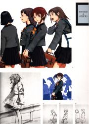 Rule 34 | 1990s (style), 4girls, abe yoshitoshi, absurdres, artbook, bag, black hair, brown eyes, brown hair, coat, guard rail, highres, iwakura lain, monochrome, multiple girls, official art, partially colored, scan, school bag, school uniform, serial experiments lain, short hair, sketch, skirt, traditional media, wind, wind lift