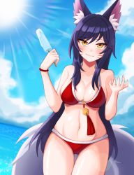 Rule 34 | 1girl, absurdres, ahri (league of legends), animal ears, artist request, bell, bikini, blush, breasts, cleavage, collarbone, facial mark, fox ears, fox girl, fox tail, highres, large breasts, league of legends, long hair, looking at viewer, midriff, multiple tails, navel, ocean, outdoors, red bikini, smile, solo, sun, sunlight, swimsuit, tail, very long hair