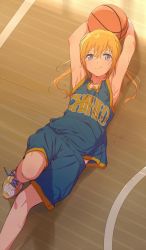Rule 34 | 1girl, armpits, arms up, ayase eli, bad id, bad twitter id, ball, basketball, basketball (object), basketball uniform, blonde hair, blue eyes, breasts, clothes writing, collarbone, covered erect nipples, jersey, looking at viewer, no bra, shinjiro, shirt, shoelaces, shoes, sleeveless, sleeveless shirt, small breasts, smile, sneakers, solo, sportswear, sweat