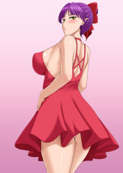 Rule 34 | 1girl, alternate breast size, bare shoulders, blush, bow, breasts, cat girl, choker, cowboy shot, dress, frilled skirt, frills, from behind, gegege no kitarou, gegege no kitarou 6, gradient background, hair bow, looking at viewer, looking back, medium breasts, nekomusume, nekomusume (gegege no kitarou 6), no bra, no panties, no shirt, pointy ears, purple background, purple hair, red bow, red choker, red dress, short dress, skirt, sleeveless, sleeveless dress, solo, standing, tomite, upskirt, yellow eyes