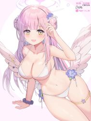 Rule 34 | 1girl, angel wings, bikini, blue archive, blush, breasts, feet out of frame, flower, hair flower, hair ornament, hand up, highres, jaeyun, large breasts, long hair, looking at viewer, low wings, mika (blue archive), navel, open mouth, pink hair, side up bun, simple background, smile, solo, swimsuit, thighs, very long hair, white background, white bikini, wings, yellow eyes