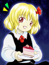 Rule 34 | 1girl, black vest, blonde hair, blue background, cake, cake slice, collared shirt, food, fork, fruit, hair ribbon, highres, holding, holding food, holding plate, long sleeves, looking at viewer, medium hair, parasite oyatsu, plate, red eyes, red ribbon, ribbon, rumia, shirt, smile, solo, strawberry, strawberry cake, touhou, upper body, vest, white shirt, zun (style)