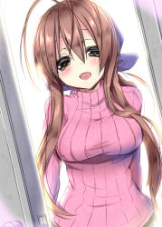 Rule 34 | 00s, 1girl, :d, antenna hair, bow, breasts, brown eyes, brown hair, clannad, door, furukawa sanae, hair bow, long hair, masayu, open mouth, ponytail, ribbed sweater, smile, solo, sweater, turtleneck