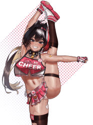 Rule 34 | 1girl, absurdres, ahoge, arm up, armpits, badge, bandaid, bandaid on arm, bandaid on hip, bandaid on thigh, bare shoulders, bay (nikke), bing huyue, black hair, black socks, black thighhighs, breasts, brown eyes, button badge, cheerleader, clenched hand, clothes writing, collar, commentary, crop top, dark-skinned female, dark skin, english commentary, fingerless gloves, flexible, gloves, goddess of victory: nikke, hair between eyes, hairband, highleg, highleg panties, highres, holding own foot, large breasts, lock, long hair, looking at viewer, mole, mole on breast, mole on stomach, mole on thigh, mole under eye, mole under mouth, multicolored hair, navel, outstretched arm, padlock, padlocked collar, panties, ponytail, red hair, sharp teeth, side-tie panties, single thighhigh, skindentation, smile, socks, solo, spiked collar, spikes, split, standing, standing on one leg, standing split, star sticker, sticker on face, stomach, streaked hair, sweat, tan, tanline, teeth, thigh strap, thighhighs, thighs, toned female, torn clothes, torn thighhighs, two-tone footwear, two-tone skirt, two-tone tank top, underwear, very long hair, white panties