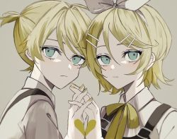 Rule 34 | 1boy, 1girl, blonde hair, blue eyes, bow, brother and sister, collared shirt, expressionless, hair bow, heart, holding, kagamine len, kagamine rin, looking at viewer, maca1227, sailor collar, shirt, short ponytail, siblings, twins, vocaloid, white bow