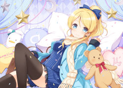 Rule 34 | 10s, 1girl, 6u (eternal land), ayase eli, bad id, bad pixiv id, black thighhighs, blonde hair, blue dress, blue eyes, bow, crescent, dress, frilled pillow, frills, hair bow, heart, heart-shaped pillow, jacket, long hair, long sleeves, looking at viewer, love live!, love live! school idol festival, love live! school idol project, open clothes, open jacket, pillow, ponytail, scarf, smile, solo, star (symbol), striped clothes, striped dress, stuffed animal, stuffed toy, teddy bear, thighhighs, zettai ryouiki