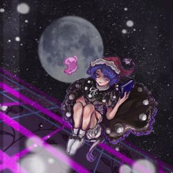Rule 34 | 1girl, black dress, bloomers, blue hair, blurry, blurry background, book, doremy sweet, dress, erty113, full body, full moon, hat, holding, holding book, looking at viewer, moon, night, night sky, nightcap, pom pom (clothes), red hat, sky, socks, solo, star (sky), starry sky, touhou, underwear, white bloomers, white socks