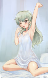 Rule 34 | 10s, 1girl, alternate hairstyle, anchovy (girls und panzer), anchovy (girls und panzer), arm up, armpits, artist name, bad id, bad pixiv id, barefoot, bed, blush, chemise, collarbone, commentary, girls und panzer, green hair, hair down, highres, indoors, long hair, one eye closed, open mouth, pillow, red eyes, sitting, solo, solokov (okb-999), tears, waking up, yawning, yokozuwari