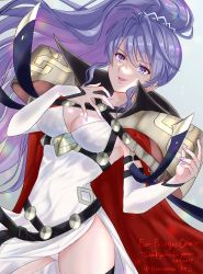 Rule 34 | 1girl, absurdres, artist name, breasts, commission, commissioner upload, fire emblem, fire emblem: genealogy of the holy war, fire emblem heroes, highres, ishtar (fire emblem), long hair, looking at viewer, nail polish, nintendo, official alternate costume, open mouth, ponytail, purple eyes, purple hair, skeb commission, smile, snow20200, solo, thighhighs, very long hair, watermark