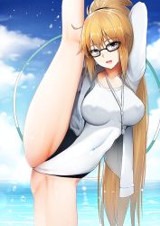Rule 34 | 1girl, bespectacled, black-framed eyewear, blonde hair, blue eyes, blue sky, cameltoe, cleft of venus, cloud, competition swimsuit, covered erect nipples, covered navel, cowboy shot, day, fate/grand order, fate (series), ginhaha, glasses, heart, heart-shaped pupils, hood, hooded jacket, hoop, jacket, jeanne d&#039;arc (fate), jeanne d&#039;arc (ruler) (fate), jeanne d&#039;arc (swimsuit archer) (fate), jeanne d&#039;arc (swimsuit archer) (second ascension) (fate), kneepits, leg up, long hair, looking at viewer, one-piece swimsuit, outdoors, ponytail, sky, solo, split, standing, standing on one leg, standing split, swimsuit, symbol-shaped pupils, very long hair, white jacket, white one-piece swimsuit