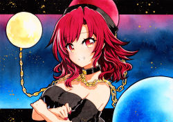 Rule 34 | 1girl, bad id, bad pixiv id, black shirt, chain, clothes writing, crossed arms, earth (ornament), gradient background, grin, hecatia lapislazuli, highres, looking at viewer, medium hair, moon (ornament), multicolored background, off-shoulder shirt, off shoulder, qqqrinkappp, red eyes, red hair, shirt, smile, smle, solo, touhou, traditional media, upper body