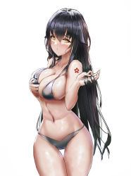 Rule 34 | 1girl, absurdres, azuma (azur lane), azur lane, bare shoulders, bikini, blue hair, blush, breasts, brown eyes, cleavage, collarbone, flower tattoo, grey bikini, hand in own hair, hand on own chest, highres, long hair, looking at viewer, medium breasts, navel, solo, standing, swimsuit, tattoo, thighs, wanne, white background