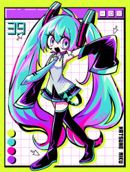 Rule 34 | 1girl, 39, aqua eyes, aqua hair, aqua necktie, bad link, black skirt, black thighhighs, blue eyes, breasts, character name, color picker, detached sleeves, frilled shirt, frilled shirt collar, frills, grey shirt, hatosabure, hatsune miku, highres, leggings, long hair, looking at viewer, microsoft windows, miniskirt, multiple cursors, necktie, pleated skirt, sharp teeth, shirt, skirt, sleeveless, sleeves past fingers, sleeves past wrists, small breasts, solo, teeth, thick eyelashes, thighhighs, twintails, very long hair, vocaloid, yellow background