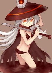 Rule 34 | 1girl, bachera, bikini, cape, hand on headwear, hat, long hair, looking at viewer, orange eyes, original, over shoulder, scarf, silver hair, slit pupils, solo, swimsuit, sword, sword over shoulder, wading, weapon, weapon over shoulder, witch hat