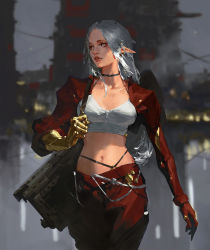 Rule 34 | 1girl, absurdres, aenrs, bag, blurry, blurry background, breasts, chinese commentary, choker, cleavage, commentary, cowboy shot, depth of field, elf, gauntlets, gloves, gold trim, grey hair, highres, holding, holding bag, lips, long hair, long sleeves, looking to the side, medium breasts, midriff, navel, original, outdoors, pants, parted lips, pointy ears, red gloves, red pants, shrug (clothing), single gauntlet, single glove, solo, standing, tank top, teeth, white tank top